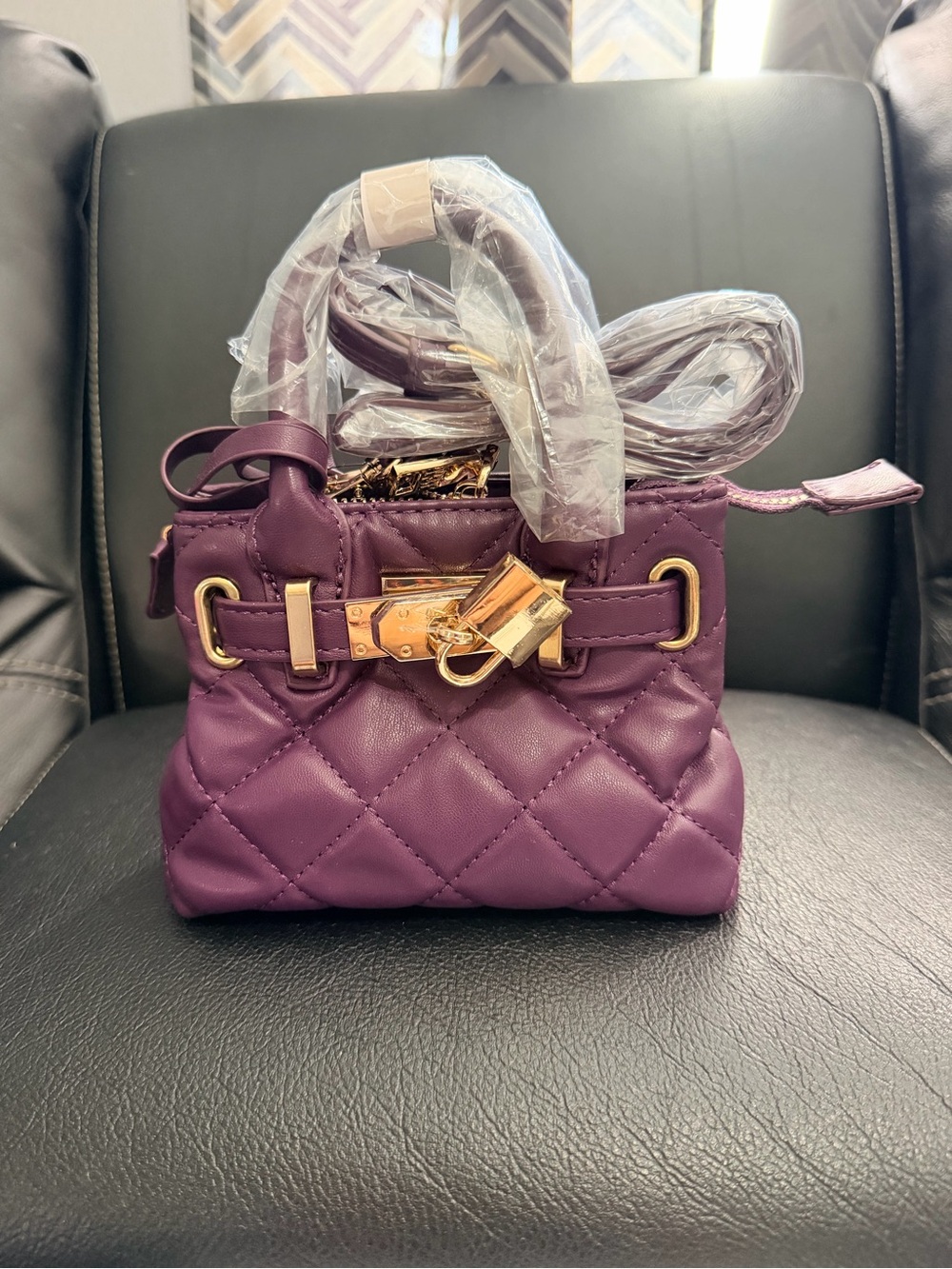 Badgley Mischka Mini Diamond Quilted Tote With Front Lock Plum NEW with Tags!